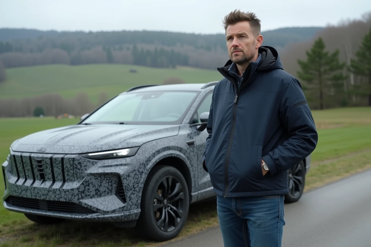 Homme en veste navy près d'un SUV prototype en campagne