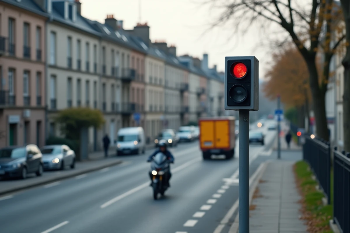 Radar de contrôle de vitesse sur portique au-dessus d'une rue animée en centre-ville