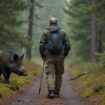 Homme en randonnée observant un sanglier dans la forêt