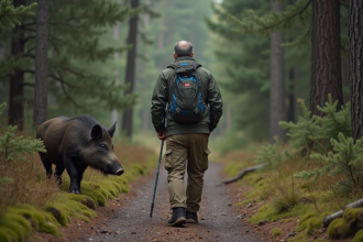 Homme en randonnée observant un sanglier dans la forêt