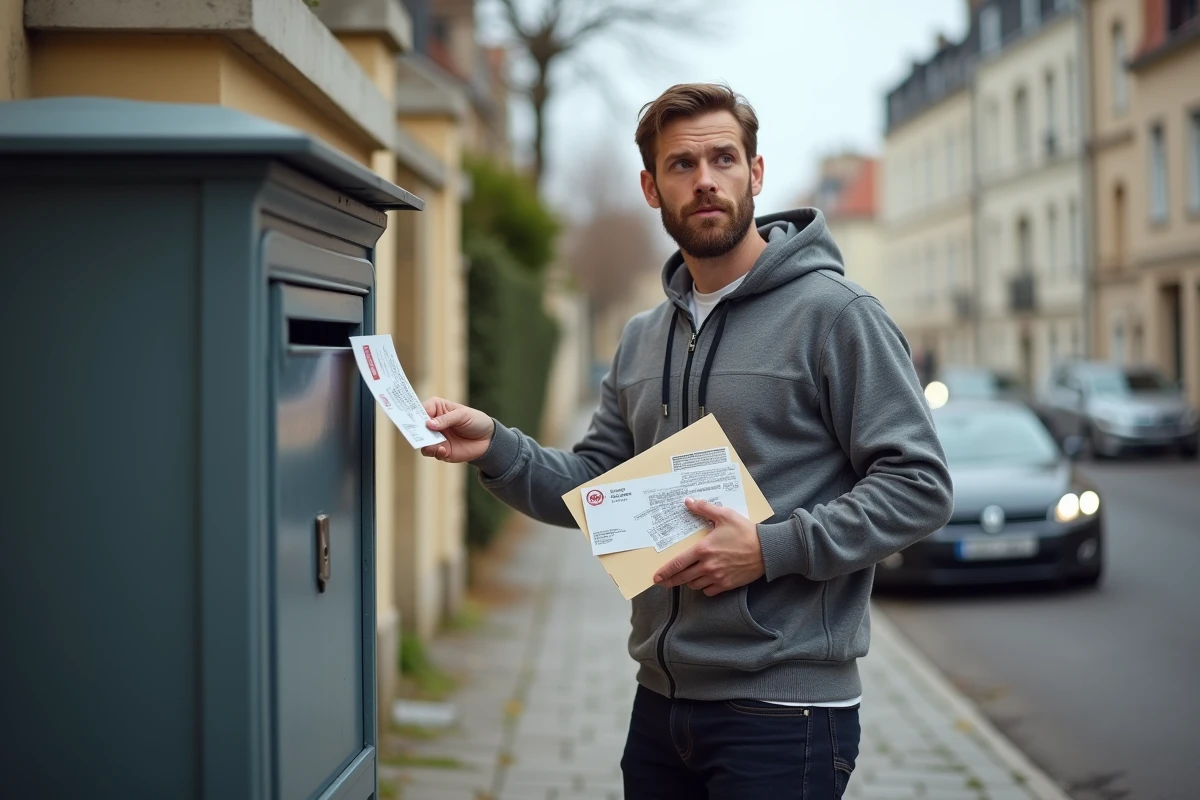 Homme récupérant une enveloppe officielle dans sa boîte aux lettres, attendant l'envoi de son permis de conduire