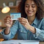 Jeune femme tenant son permis de conduire tout juste reçu, examinant la carte avec soulagement à son bureau