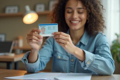 Jeune femme tenant son permis de conduire tout juste reçu, examinant la carte avec soulagement à son bureau