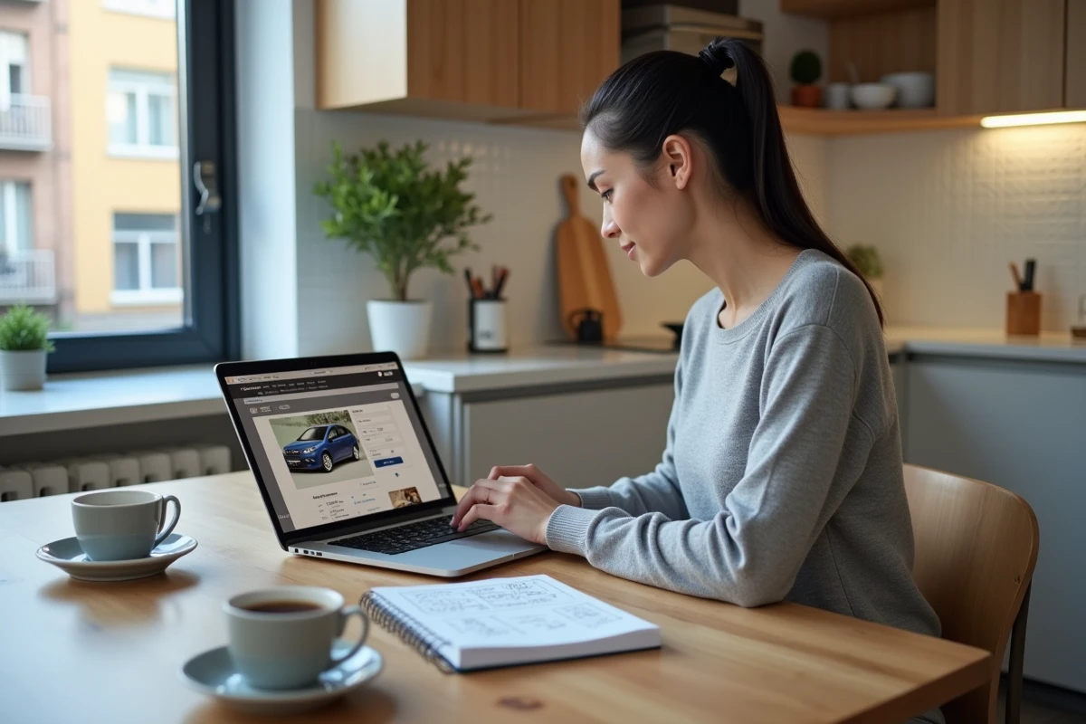 Femme recherchant une voiture d'occasion à 5000 euros sur internet depuis son domicile
