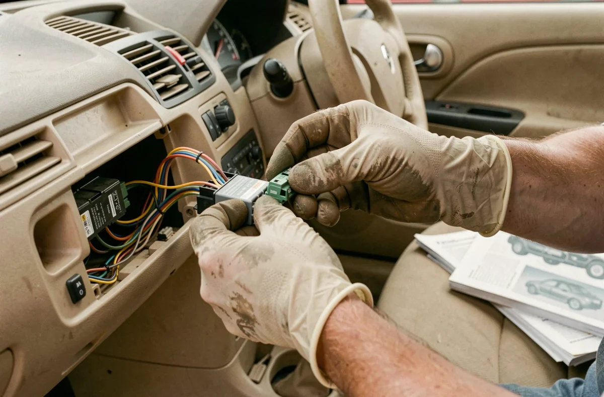 Mains de mécanicien déconnectant le relais de l'anti-démarrage dans le boîtier à fusibles d'une Clio 2