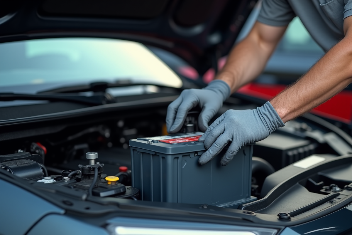 Personne changeant la batterie sous le capot en plein jour