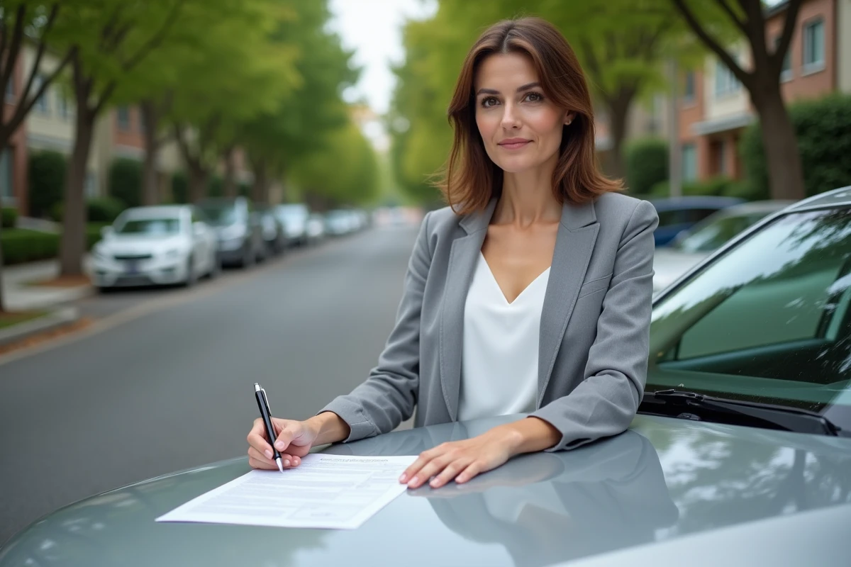 Femme complétant une carte grise sur le capot d'une voiture lors d'une transaction de cession