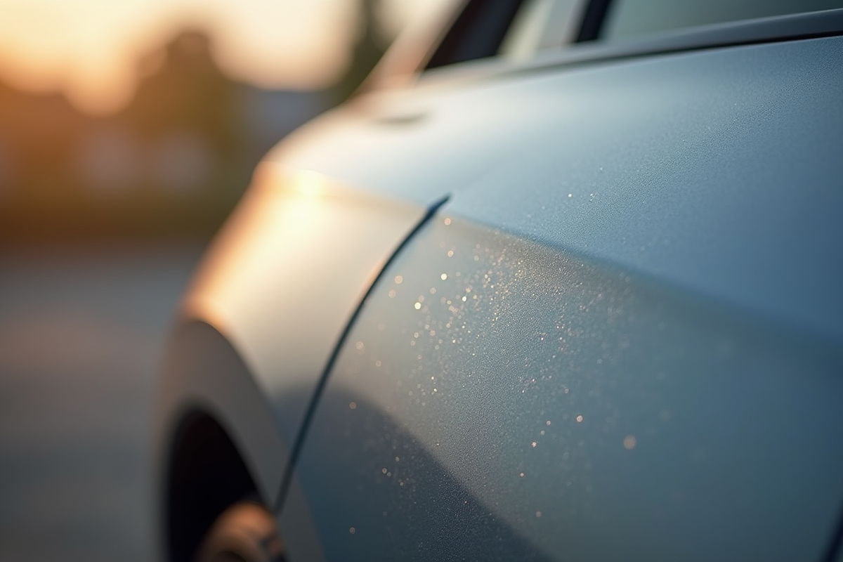 Voiture argentée avec rayures fines et kit de réparation à côté