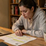 Jeune femme révisant des fiches de code de la route imprimées à son bureau avec des annotations surlignées