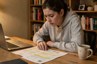 Jeune femme révisant des fiches de code de la route imprimées à son bureau avec des annotations surlignées