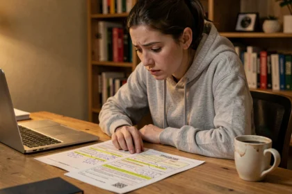 Jeune femme révisant des fiches de code de la route imprimées à son bureau avec des annotations surlignées