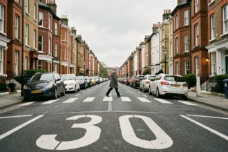 Rue urbaine britannique avec marquage au sol 30 mph à Londres, passage piéton et maisons victoriennes en briques rouges