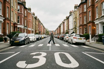 Rue urbaine britannique avec marquage au sol 30 mph à Londres, passage piéton et maisons victoriennes en briques rouges