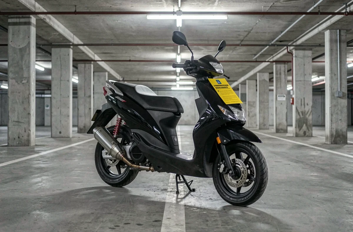 Scooter débridé avec avis administratif dans un parking souterrain en béton