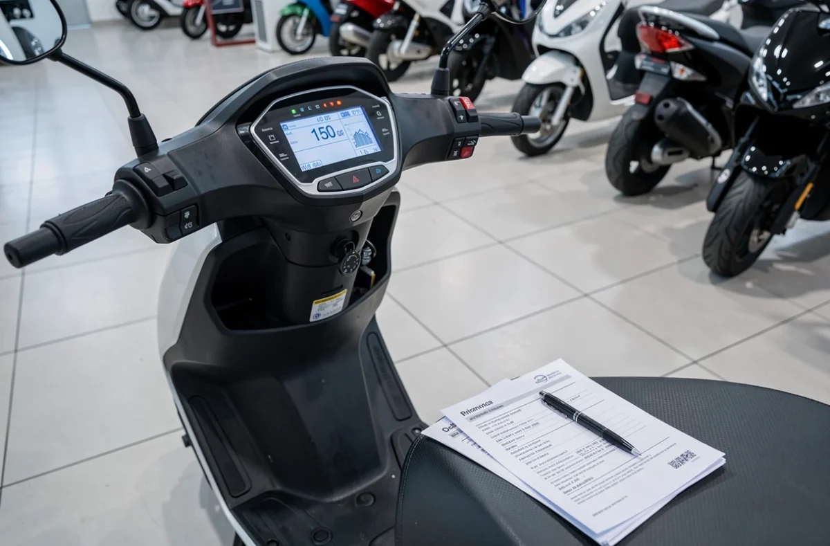 Tableau de bord d'un scooter électrique 50cc avec des documents d'assurance posés sur la selle dans un showroom