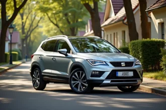 SEAT Ateca familial garé dans un quartier résidentiel calme, vue 3/4 avant mettant en valeur son espace et son design moderne