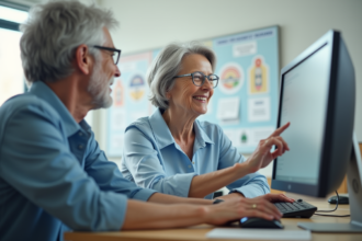 Femme senior souriante lors d un test de conduite numérique