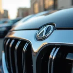 Gros plan sur un sigle de voiture en chrome poli fixé sur la calandre d'une berline moderne