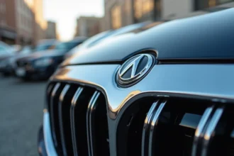 Gros plan sur un sigle de voiture en chrome poli fixé sur la calandre d'une berline moderne