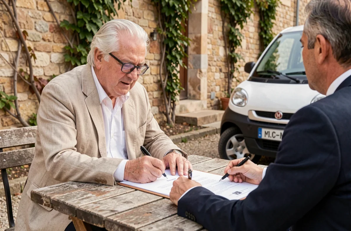 Senior signant le contrat d'achat d'une voiture sans permis d'occasion chez un concessionnaire en Provence
