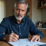 Homme signant et datant une carte grise lors d'une cession de véhicule à une table en bois