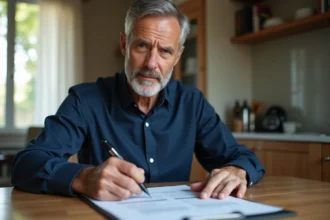 Homme signant et datant une carte grise lors d'une cession de véhicule à une table en bois