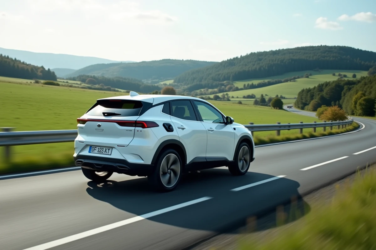 SUV hybride blanc en circulation sur une autoroute française entourée de paysage verdoyant en 2026