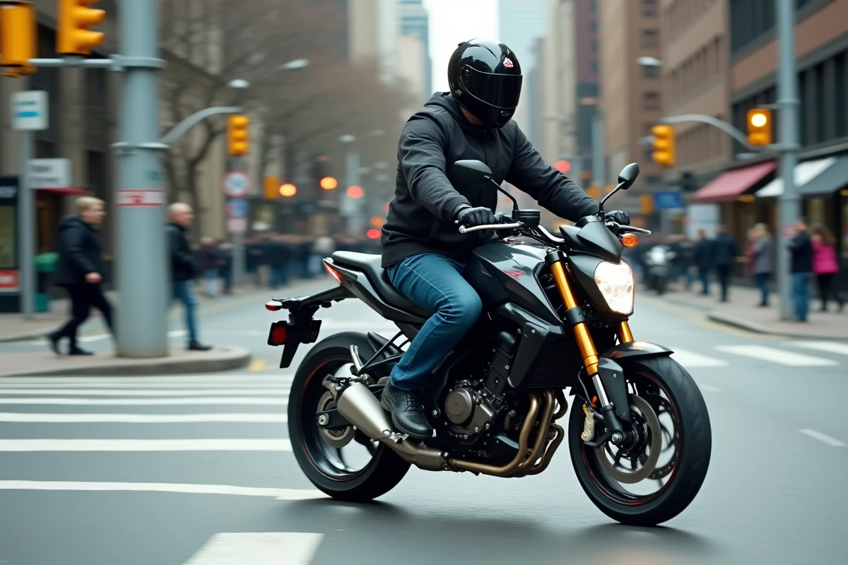 Pilote sur une Suzuki GRSX en conduite urbaine à une intersection de ville, usage quotidien en milieu urbain