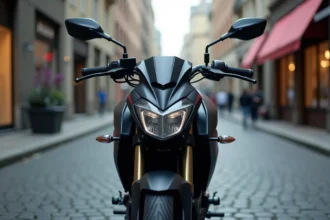 Suzuki GRSX garé dans une rue urbaine, vue 3/4 avant mettant en valeur le réservoir et le tableau de bord