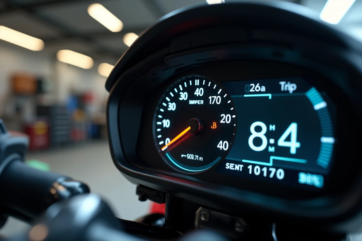 Tableau de bord numérique de la Suzuki GRSX affichant l'autonomie et la jauge de carburant en détail