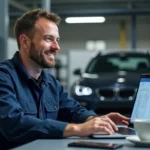 Technicien automobile en overalls bleus utilisant un ordinateur