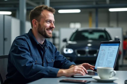 Technicien automobile en overalls bleus utilisant un ordinateur