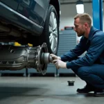 Technicien automobile diagnostiquant une boîte automatique Eat8 qui broute sous un véhicule surélevé en atelier