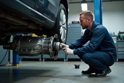 Technicien automobile diagnostiquant une boîte automatique Eat8 qui broute sous un véhicule surélevé en atelier