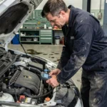 Technicien automobile diagnostiquant le système Stop and Start d'une Renault Clio 4 avec un scanner OBD2 dans un atelier mécanique professionnel