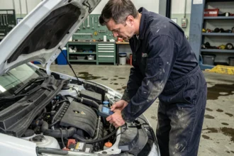Technicien automobile diagnostiquant le système Stop and Start d'une Renault Clio 4 avec un scanner OBD2 dans un atelier mécanique professionnel