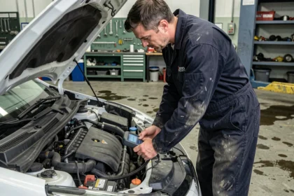 Technicien automobile diagnostiquant le système Stop and Start d'une Renault Clio 4 avec un scanner OBD2 dans un atelier mécanique professionnel