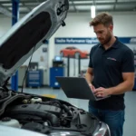 Homme en atelier automobile examinant un ordinateur diagnostic