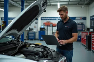 Homme en atelier automobile examinant un ordinateur diagnostic
