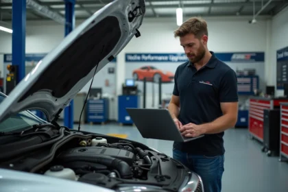 Homme en atelier automobile examinant un ordinateur diagnostic