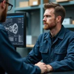 Technicien automobile consultant le logiciel Dialogys Renault sur ordinateur pour identifier une pièce détachée