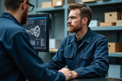 Technicien automobile consultant le logiciel Dialogys Renault sur ordinateur pour identifier une pièce détachée