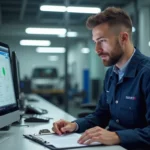Technicien automobile consultant un dossier de carte grise dans le bureau d'un garage automobile