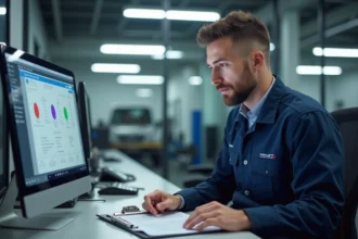 Technicien automobile consultant un dossier de carte grise dans le bureau d'un garage automobile