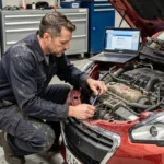 Technicien automobile inspectant le circuit d'alimentation en carburant d'une Peugeot 208 GTi pour diagnostiquer le défaut P0087