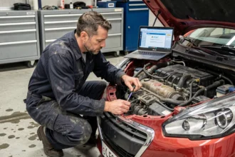 Technicien automobile inspectant le circuit d'alimentation en carburant d'une Peugeot 208 GTi pour diagnostiquer le défaut P0087