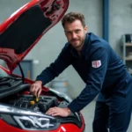 Technicien automobile inspectant le système d'injection d'une Renault Clio 5 dans un atelier de réparation professionnel