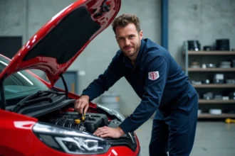 Technicien automobile inspectant le système d'injection d'une Renault Clio 5 dans un atelier de réparation professionnel