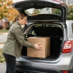 Femme chargeant des bagages dans le coffre d'un Toyota C-HR compact SUV dans une allée résidentielle en automne