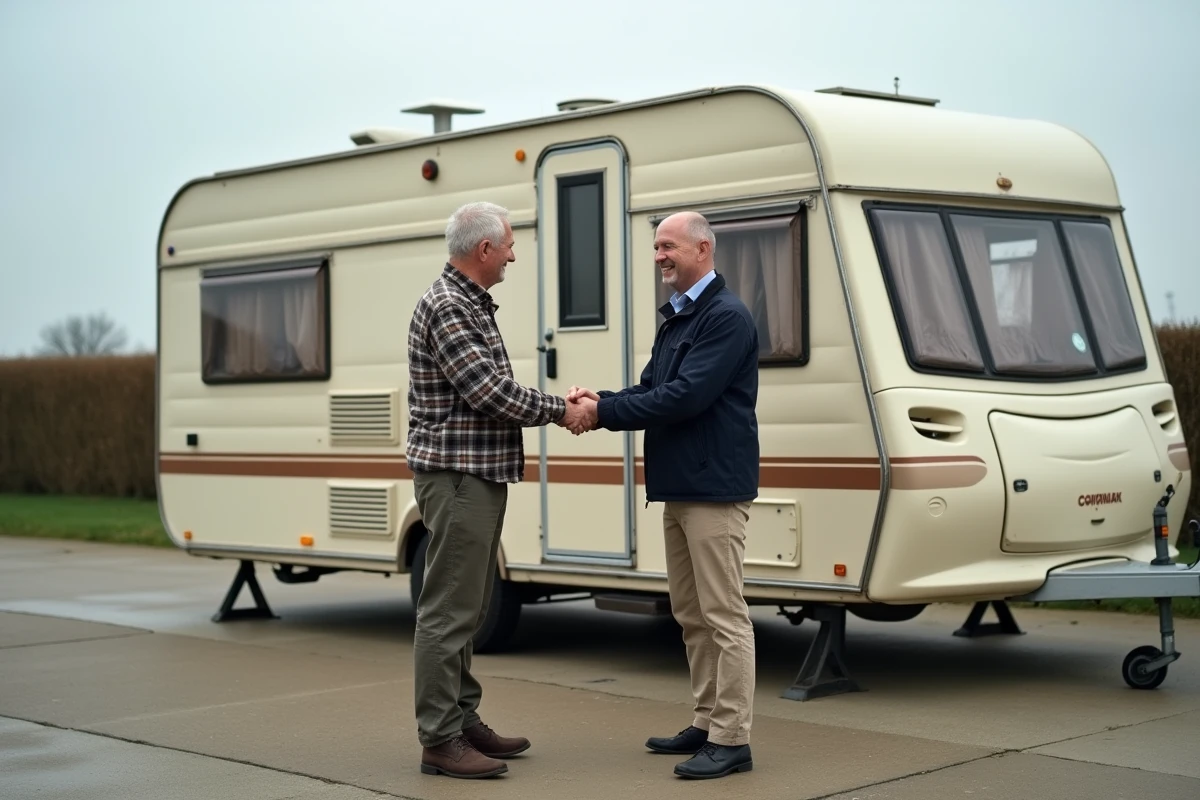 Deux hommes concluant la vente d'une caravane d'occasion entre particuliers avec échange de documents